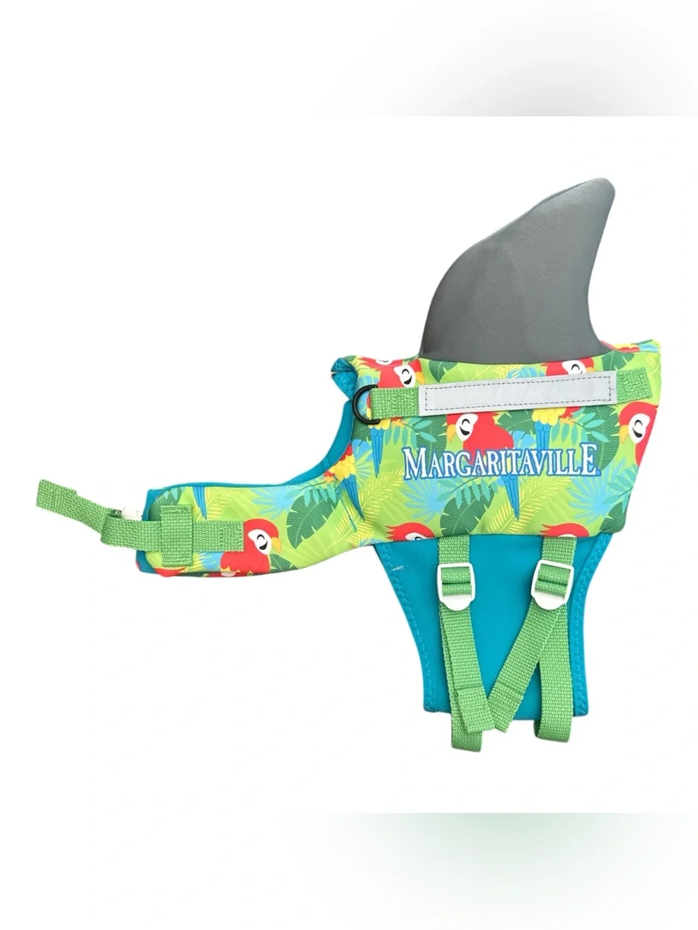 Margaritaville Dog Shark Swim Vest - Teal, Green & Red Parrot Print Swimming Pet